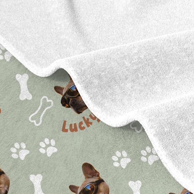 Custom Blanket with Funny Dog Face & Name Personalized Soft Warm Fleece Throw Blankets with Paw Bones Customized Throws for Couch Bed Sofa Unique Gifts for Dog Dad Mom Pet Lovers