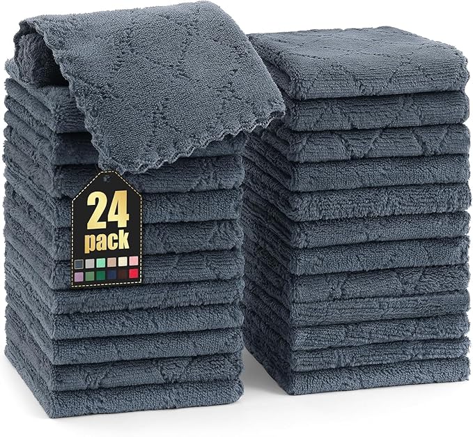 Homaxy 24 Pack Kitchen Dish Cloths (10 x 10 Inches, Dark Grey), Super Soft and Absorbent Coral Velvet Dish Towels, Nonstick Oil Fast Drying Microfiber Cleaning Cloth, No Lint Household Dishcloths