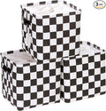 Hinwo 3-Pack Cubic Organizer Shelf Bins, Canvas Fabric Storage Baskets with Handles, 22L/5.8-Gal Square Storage Bins, Cubes, Collapsible Storage Box, 11 x 11 x 11 Inches (S, Black Checkerboard)