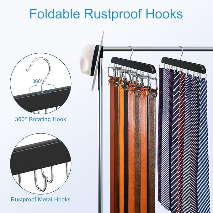 Belt Hanger for Closet Max 42 Belts, Sturdy Wood Belt Rack Closet Accessories with 14 Hooks Belt Organizer for Closet Organizers and Storage -Black 1 Pack