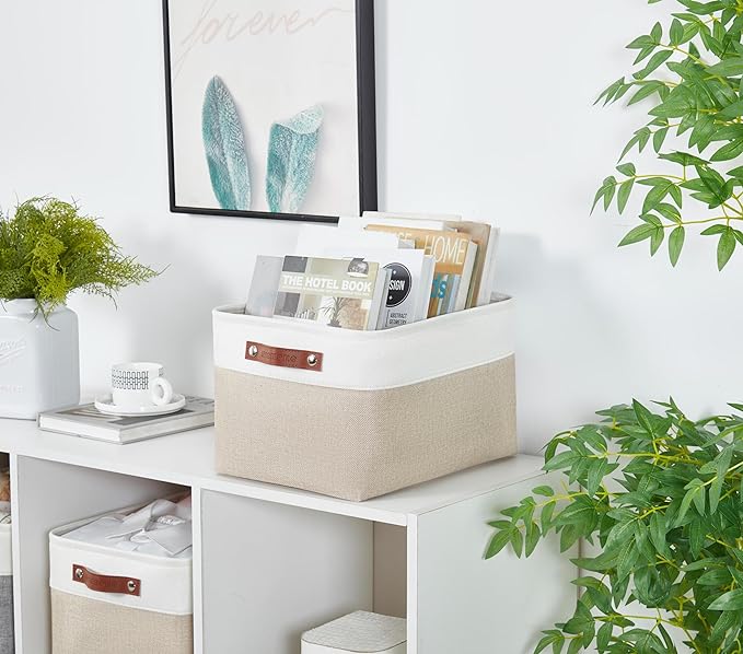DECOMOMO Storage Baskets for Shelves - Fabric Storage Bins, Linen Closet Organizers and Storage (Beige & White, Large - 1 Pack)