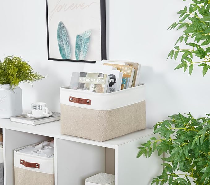 DECOMOMO Storage Baskets for Shelves - Fabric Storage Bins, Linen Closet Organizers and Storage (Beige & White, Large - 4 Pack)