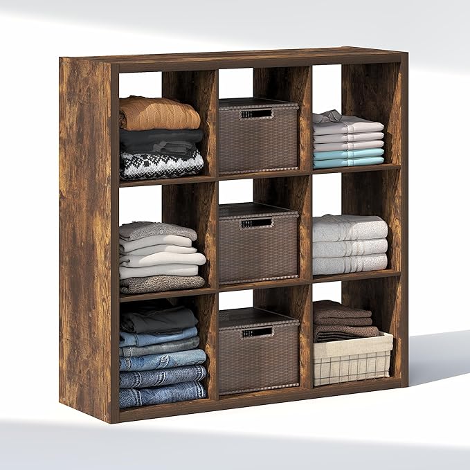 Furinno Cubic Closet Organizers and Storage, 9-Cube Closet Organizer, Open Shelf Closet Storage, Extra Thick Frame for Wardrobe, Bedroom, Living Room, Amber Pine
