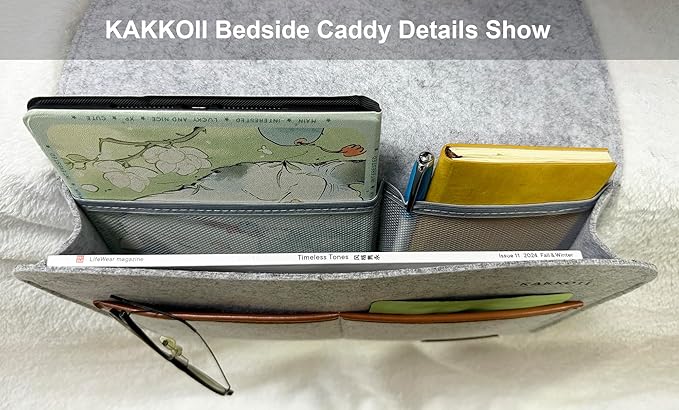 KAKKOII Bedside Caddy, Sofa Caddy, Storage Organizer Pocket for Dorm, Bedroom, 5 Pockets Felt Organizer for Magazine, Remote, Phone, Tablet, Pad, Glasses, Pen, Remote Control (Brown-Short)