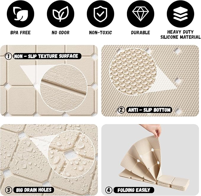Kinbear Bath Mat for Textured Tub: Silicone Bathtub Mat Foldable Shower Mat Non Slip Tub Mat No Suction Cups 28 X 17.7Inch - Beige