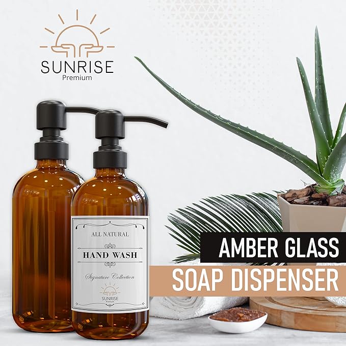 2 Pack Amber Glass Soap Dispenser 16 OZ with Matte Black Stainless Steel Pump, Hand and Dish Soap Dispenser Set for Bathroom and Kitchen Sink with 6 Waterproof Labels