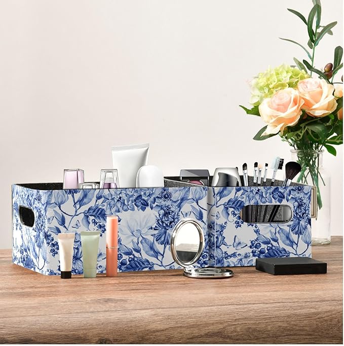 Closet Storage Bins 2 Pack Felt Open Home Containers Organizer with Handles Collapsible Shelf Basket for Office Craft Room Classroom Fabric Basket Storage Blue and White Flower Butterfly
