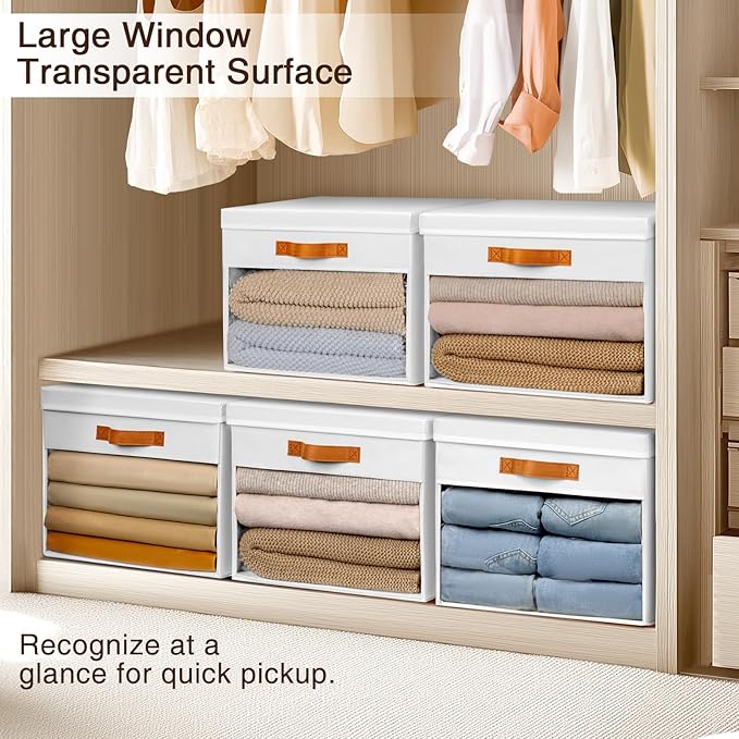 Large Storage Bins with Lids - 6 Pack Foldable Decorative Organizers with Clear Windows & Handles, Cube Storage Organizers for Clothes, Blankets, Sweaters, CD, White