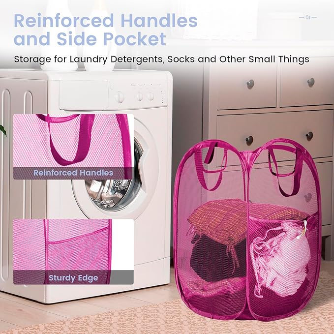 HOUSE AGAIN 2 Pcs Pop Up Laundry Hamper, Strong Mesh Laundry Baskets Collapsible, Hamper with Handles and Side Pocket, Portable Foldable Dirty Clothes for Dorm, Laundry room and Travel Storage, Pink