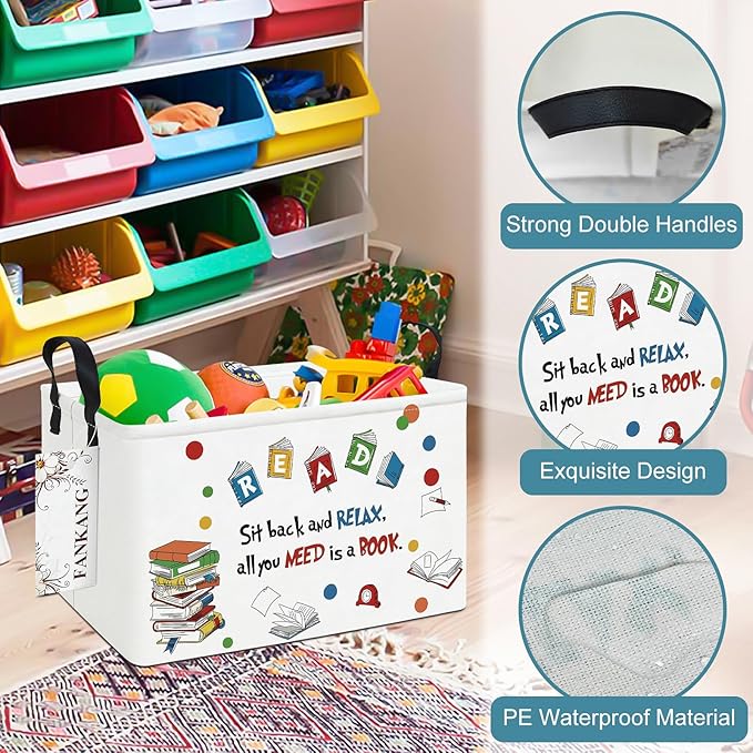 FANKANG Storage Bins, Nursery Hamper Canvas Laundry Basket Foldable with Waterproof PE Coating Large Storage Baskets for Kids Boys and Girls, Office, Bedroom, Clothes,Toys(Rec-Reading ）