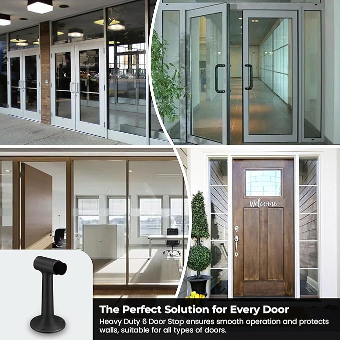 Heavy Duty 6″ Door Stop, Solid Brass Commercial Grade, Floor Mount Stopper (Matte Black)