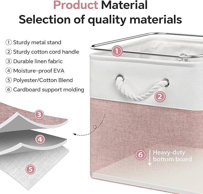 13x13 Inch Cube Storage Bins with Reinforced Bottom Cardboard, 6 Pack Large Foldable Fabric Storage Cubes with Handles for Shelf, Closet, Laundry Organization (White&Pink)