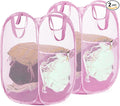 2 Pack Strong Mesh Pop-up Laundry Hamper, Quality Pop Up Hampers for Laundry with Durable Handles Solid Bottom High Carbon Steel Frame, Easy to Open and Fold Flat for Storage(Light Pink)