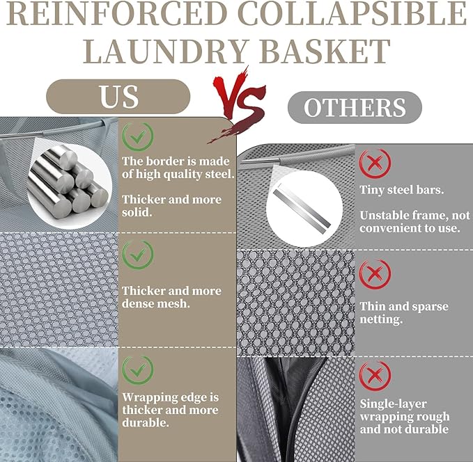 Reinforced Collapsible Laundry Baskets, 3Pcs High-Strength Mesh Pop Up Laundry Hamper, Foldable Clothes Hamper with Handles and Side Pocket for Laundry Room Dorm, Vertical