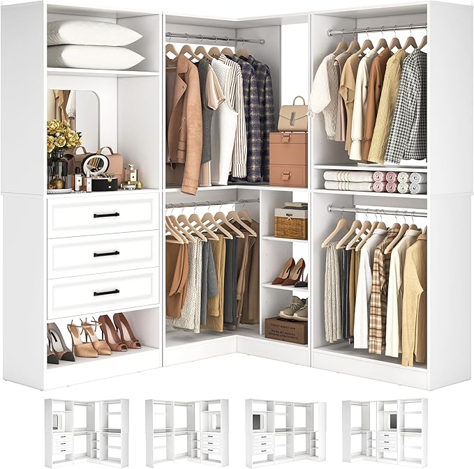 Unikito Closet System with Drawers，86” Modular Corner Closet Organizer System with Mirror，Freestanding Wood Wardrobe Organizer with Hanging Rods & Adjustable Shelves, Walk in Closet Tower, White