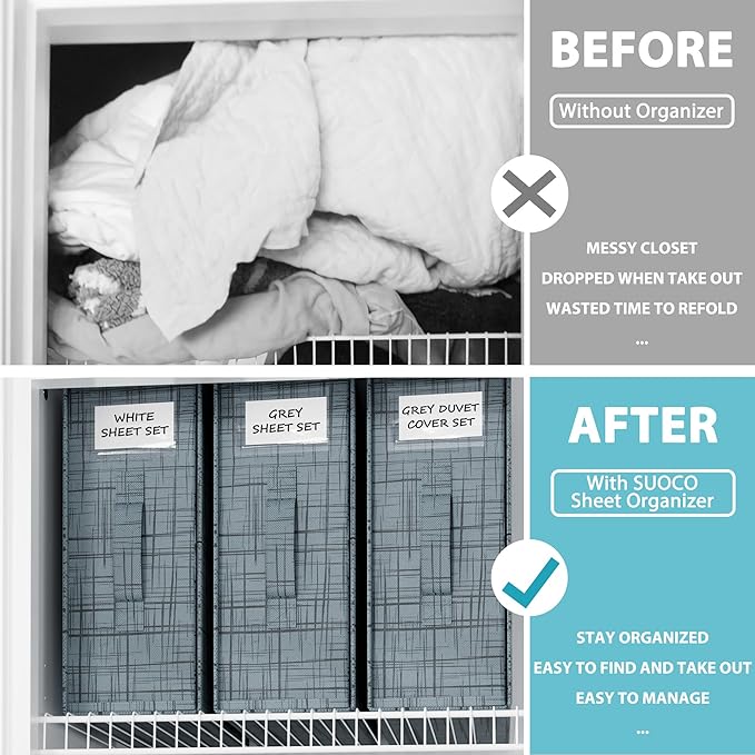 SUOCO SheetCube Bed Sheet Organizers and Storage 8 Pack, Foldable Linen Closet Organizer with Window and Label, Bedding Storage Box Container for, Duvet Cover Set, Bed Sheet Set - Pattern Grey