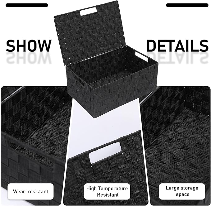 Storage Bins Woven Organizer with Lids Set of 4 – Polypropylene Storage Baskets with Metal Frame, Stackable Fabric Boxes for Drawers, Closet, Shelf, Nursery and Office, Black