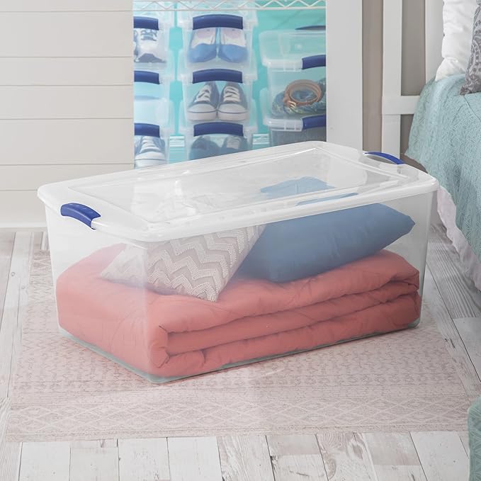 (2-PACK) 105 QT Plastic Transparent Storage Box, Equipped with a Blue Lock Mechanism, Stackable, Suitable for Household Items, Seasonal Clothing, Holiday Decorations and Garage Organization.