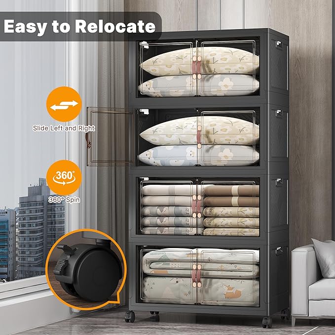 Extra Large Stackable Storage Bins with Lids & Wheels & Door,Foldable Collapsible Closet Organizers, Plastic containers drawers for bedroom Dorm (Dark-160qt, 4Pack with 1 top lid)