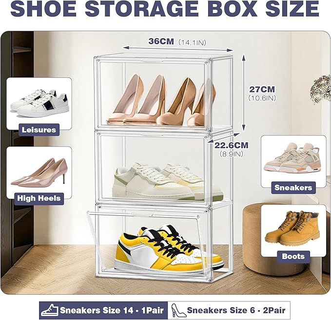 X-Large Clear Shoe Storage Box Stackable Shoes Box Acrylic Sneaker Display Case Shoe Boots Organizer with Lid, 6 Pack
