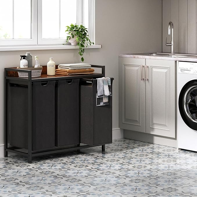 Laundry Hamper with Shelf, Laundry Basket 3 Section, Laundry Sorter with Pull-Out Removable Large Bags and Movable Wheels, Metal Frame, 3 x 15.87 Gallons (60L), Rustic Brown + Black PF04XLY