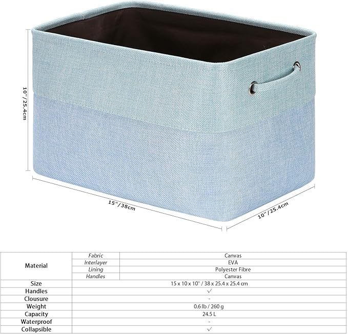 Sea Team 3-Pack Large Storage Basket Set, Trunk Organizer, Clothes Toys Bin, 15 x 10 x 10 Inches, Big Rectangular Canvas Fabric Collapsible Shelf Box with Handles for Kids Room (Babyblue/Mint)