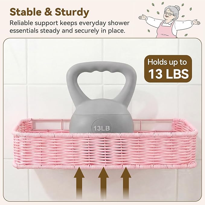 GRANNY SAYS 2 Pack Wicker Shower Caddy Hanging, Shower Shelf for Inside Showers, Adhesive Shelves for Bathroom Organizers and Storage, Bathroom Shelves Wall Mounted with 4 Hooks for Home Decor, Pink
