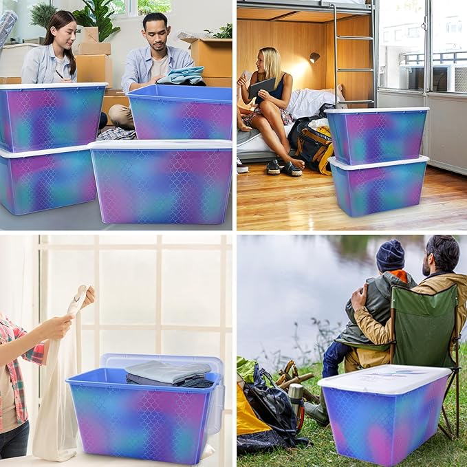Storage Organizer Bins with Lids - 4PC 58QT Heavy-Duty Container Boxes Stackable and Nestable Storage Bins Plastic Large Storage Totes Rainbow Mermaid Bins for Home, Office, and Garage