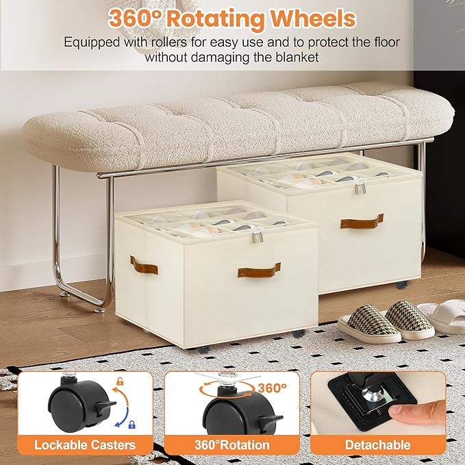 Shoe Organizer for Closet, 2 Pack Shoe Storage Organizer with Wheels and Adjustable Dividers, Stackable Shoe Storage Box with Clear Cover, Foldable Closet Shoe Organizer Fits up to 16-32 Pairs, Beige