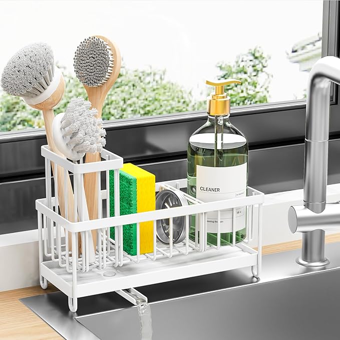 Cisily Sponge Holder for Kitchen Sink, Sink Caddy Organizer with High Brush Holder, Kitchen Countertop Organizers and Storage Essentials, Rustproof 304 Stainless Steel (White, 9.25″)