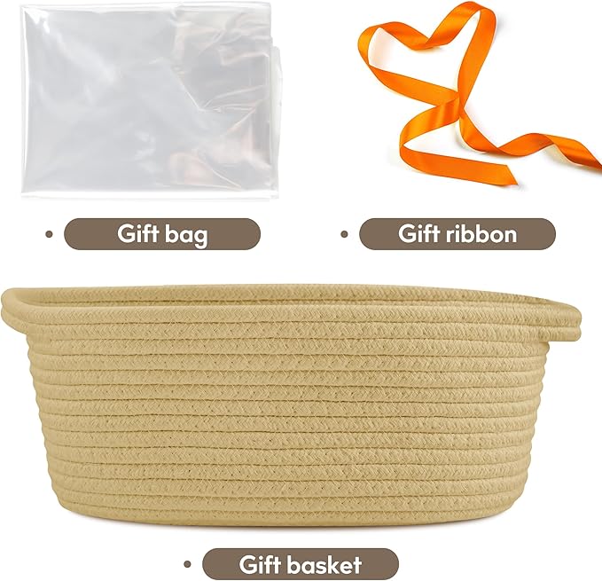 Pro Goleem Small Woven Basket with Gift Bags and Ribbons Durable Baskets for Gifts Empty Small Rope Basket for Storage 12"X 8" X 5" Baby Toy Basket with Handles, Khaki