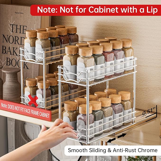 Pull Out Spice Rack Organizer for Inside Cabinet, 2 Tier Slide Out Spice Organization for Cabinet, Chrome Vertical Sliding Seasoning Organizer, 4.9'' Wx10.4'' Dx9.5'' H