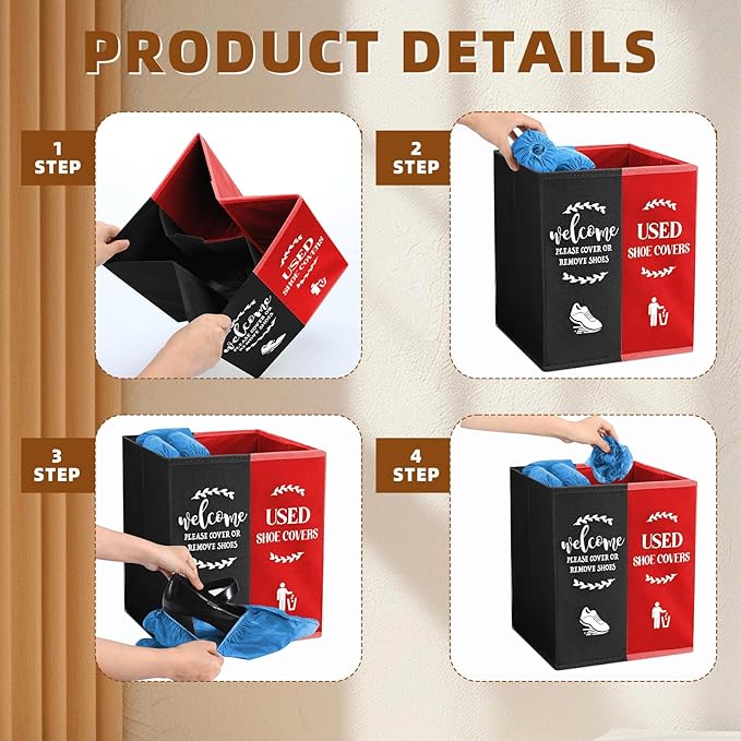 Shoe Cover Box Dispenser Foldable Storage Bin Holder with Used Shoe Covers and Welcome Please or Remove Sign for Open House Supplies(Black, Red)