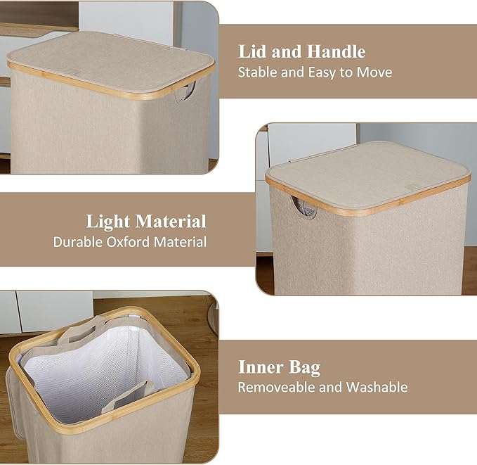A Laundry Basket with Lid, Large Laundry Hamper with Handle and Lid, Collapsible Clothes Basket Organizer with Removable Inner Bag for Clothes Toys Towels (Oatmeal, 110L)