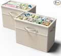 2 Pack Shoe Organizer for Closet, Clear Foldable Shoe Storage Containers Fits 14 Pairs,Shoe Storage Bins Baskets Boxes with Reinforced Handles Beige Shoes Organize