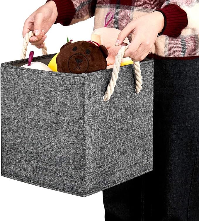 i BKGOO Foldable Storage Cube Bins Black Linen Fabric Collapsible Resistant Basket Box Organizer with Cotton Rope Handle for Home Office and Nursery 10.5x10.5x11 inch