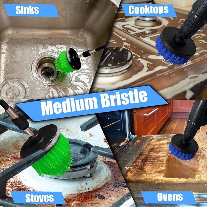 8Pcs Drill Brush Attachment Set, 7Pcs 1/4in Power Scrubber + Extend Long Attachment, Power Cleaning Scrub Brush for Bathroom, Tub, Tile, Corner