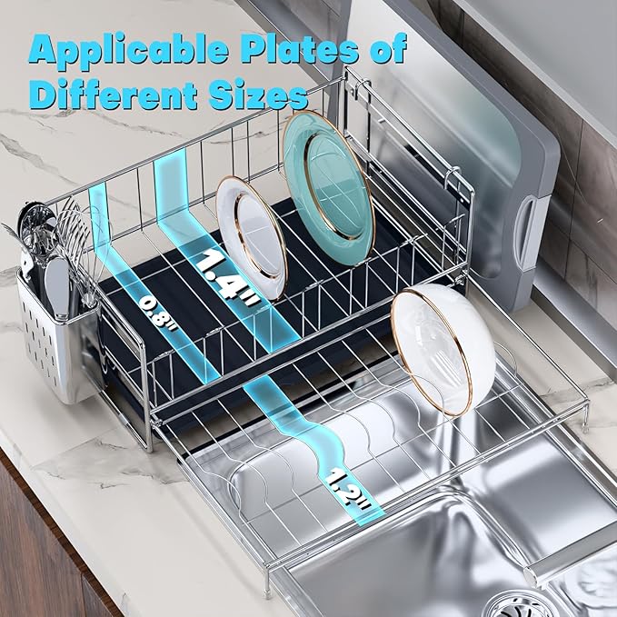Large Dish Drying Rack, Expandable Dish Rack, 304 Stainless Steel Dish Racks for Kitchen Counter, Multifunctional Dish Drainers with Utensil Holder & Cutting Board Holder