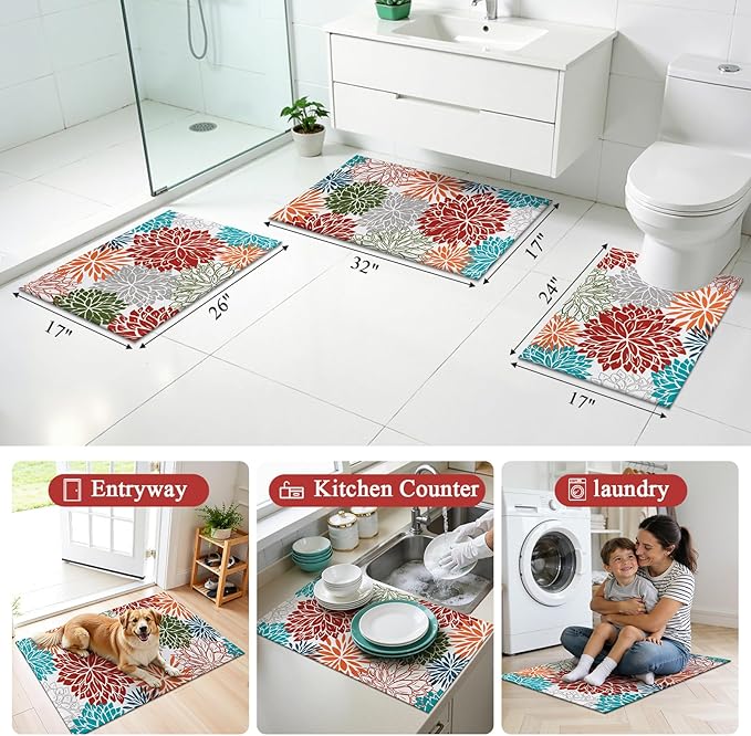 Vaukki Bathroom Rug Set 3 Piece, Non Slip Absorbent Rubber Backed Floral Bath Floor Mat Fit Under Door, Ultra Thin Quick Drying Bath Rug for Shower, Tub and Toilet, 17"x26"+17"x32"+17"x24"U, Red