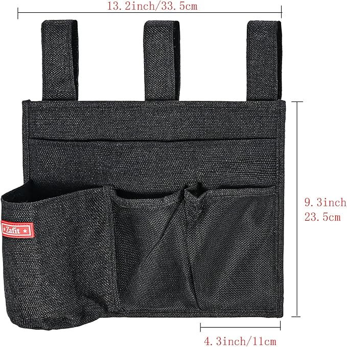 Zafit Linen Bedside Caddy, Bedside Storage Organizer for Hospital Beds, College Dorm Rooms or Baby Bed (4 Pockets-Black)