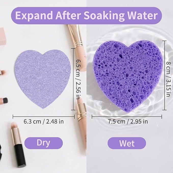 60-Count Kickleen Compressed Cellulose Heart Shape Facial Sponges | Natural Cosmetic Spa Sponges for Facial Cleansing | Exfoliating | Makeup Mask Removal | Reusable | Skin Massage (Purple)