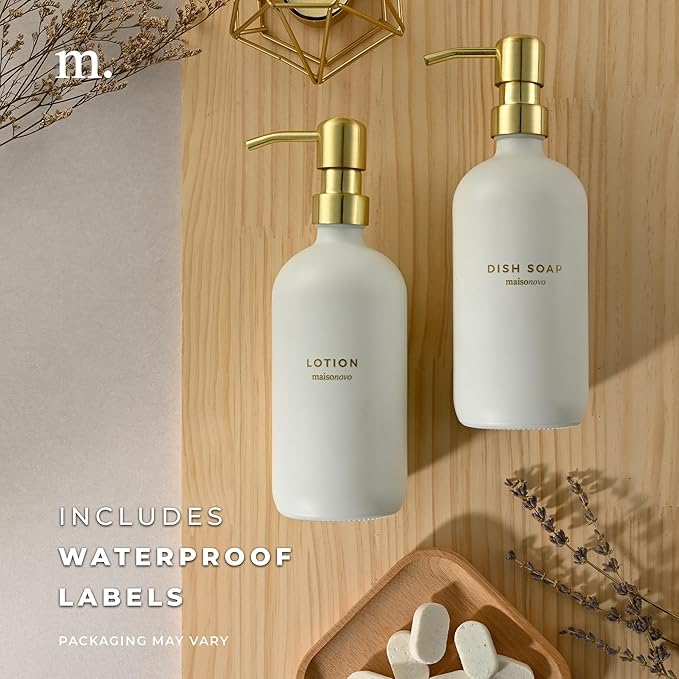 MaisoNovo Soap Dispenser 1-Piece Set | 16.9oz White Bottles with Gold Stainless Steel Pump Core
