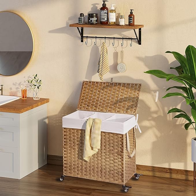Greenstell Laundry Hamper with Wheels&Lid, 130L Large 3 Sections Clothes Hamper with 2 Types Removable Liner Bags, 5 Mesh Laundry Bags, Handwoven Divided Laundry Basket for Clothes, Natural