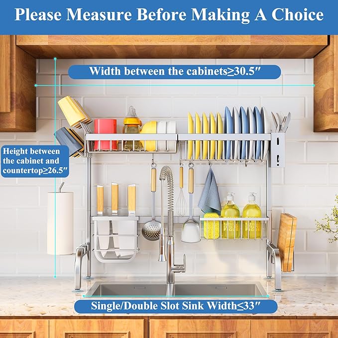 SAYZH Over The Sink Dish Drying Rack, Adjustable (25.5 to 33.5 inch) 2 Tier Metal Steel Dish Drying Racks for Kitchen Counter with Hooks Paper Towel Utensil Cup Holder Sink Caddy (Silver)