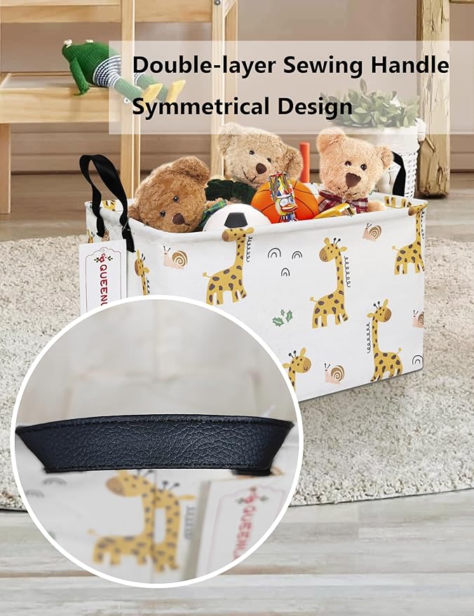 QUEENLALA Rectangular Laundry Hamper/Foldable Nursery Laundry Basket for Organizing/Storage Bin Baskets/Children Toy Office Bedroom/Toy Bin Closet Shelf Baskets (Rec-Giraffe)