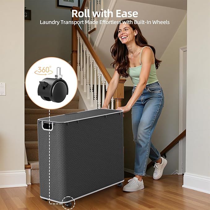 Yecaye 180L Laundry Basket With Lid and Removable 3 Bags, Large Rolling Laundry Hamper with Lid, 3 Section Rolling Clothes Storage With Wheels, Clothes Hamper with Wheels For Laundry Room, Black