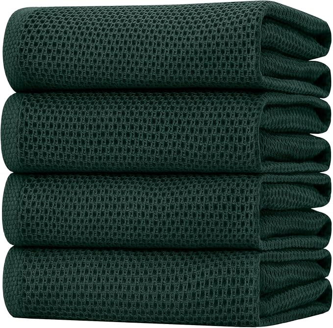 Homaxy 100% Cotton Waffle Weave Kitchen Dish Towels, Ultra Soft Absorbent Quick Drying Cleaning Towel, 20x28 Inches, 4-Pack, Blackish Green
