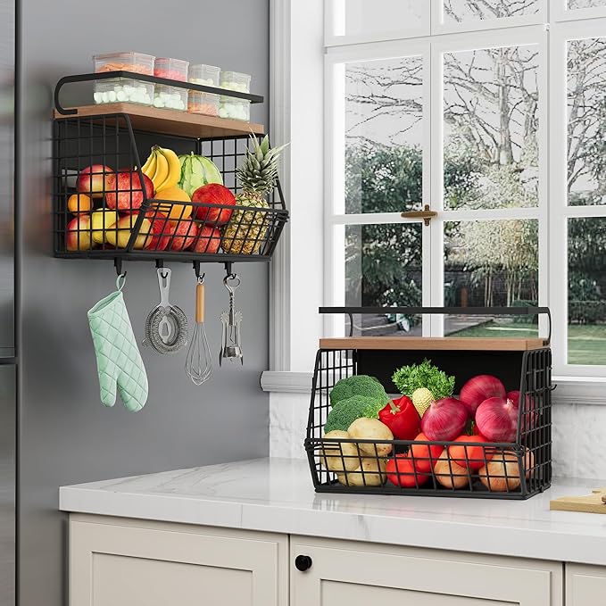 Fruit Basket 2 IN 1 Magnetic & Hanging Wall Produce Basket with Spice Rack for Potato and Onion Storage for Pantry,Kitchen Countertop and Fridge Organizer 2 PCS