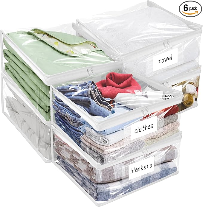 Plastic Storage Bags with Easy-Glide Zipper, Pack of 6, Durable Clear Vinyl Zippered Storage Bags for Clothes Sweaters Comforters Blankets Sheets Bedding (23.6 x 16.9 x 13.8 Inch)