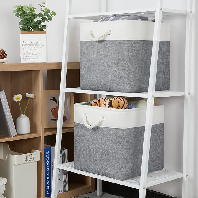 Temary Fabric Baskets 13 Inch Cube Storage Baskets with Rope Handle, Storage Cube Bins Clothes Basket for Gift, Large Storage Bins for Storage Books, Blankets (White&Gray)